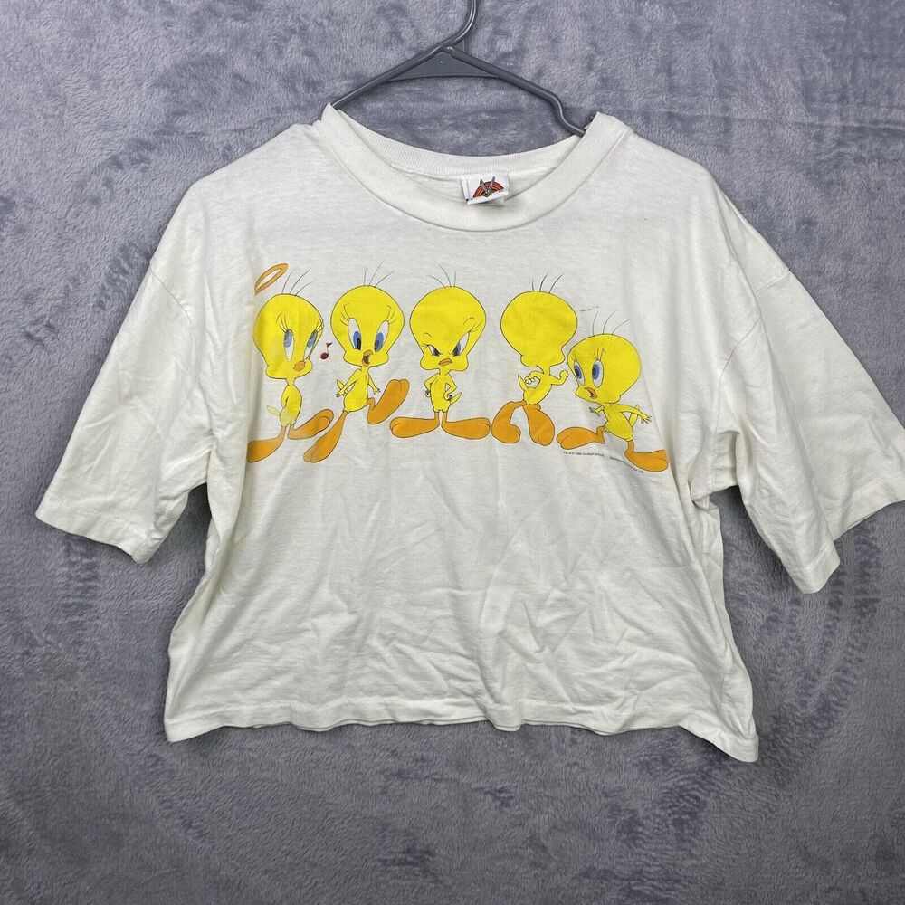 Vintage Looney Tunes Crop T Shirt 90s Single Stitch Tweety Bird Size XL - Picture 2 of 9